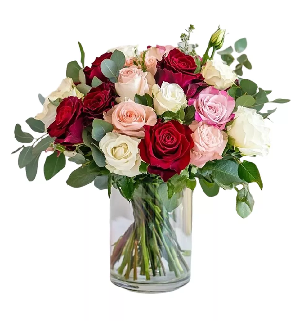 Rose Trio: Red, Fuchsia, & Soft Pink Bouquet