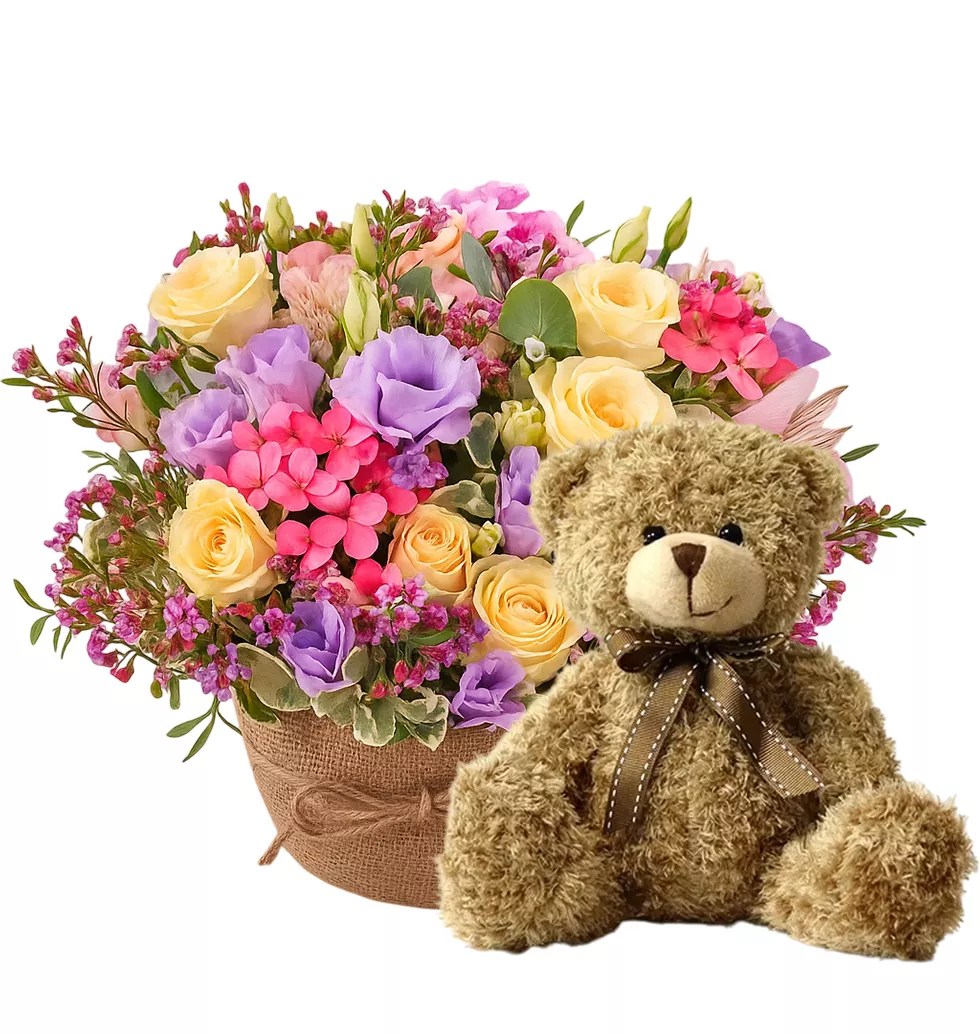 Pastel Floral Delights and Teddy Bear