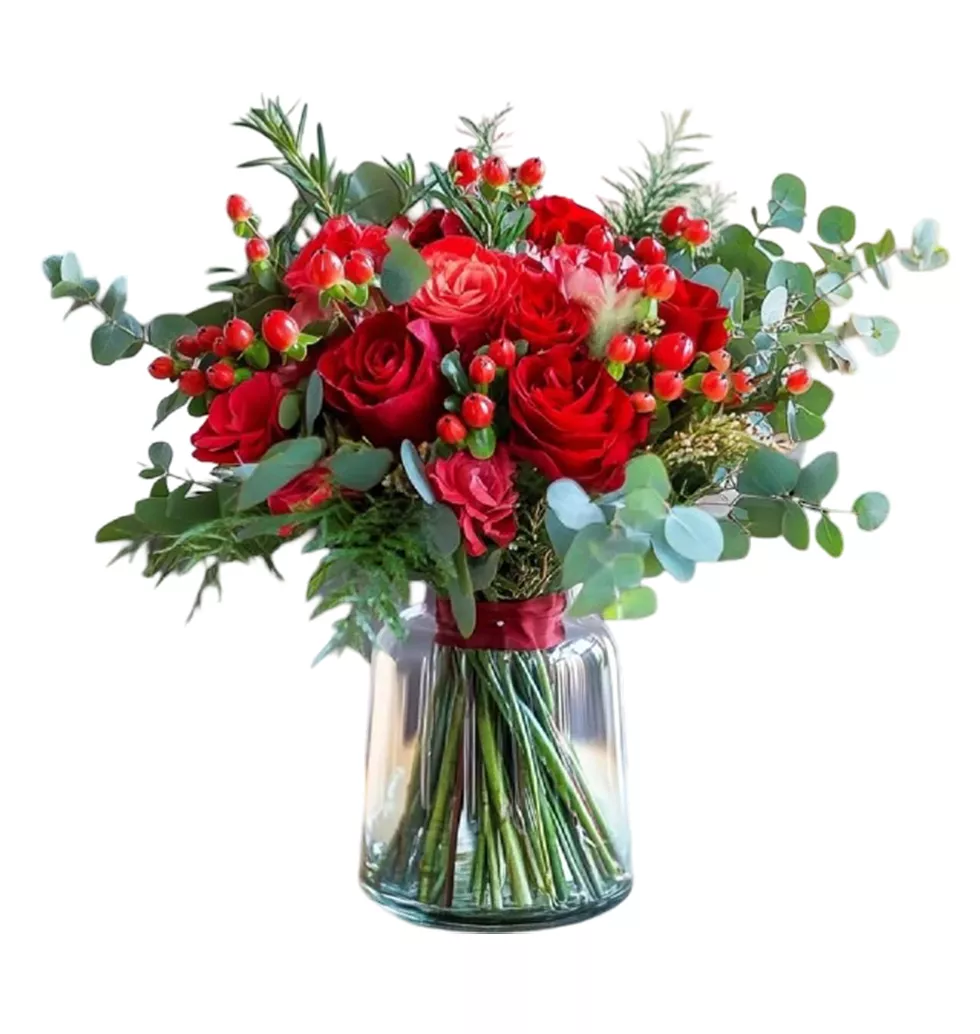Vibrant Red Rose & Eucalyptus